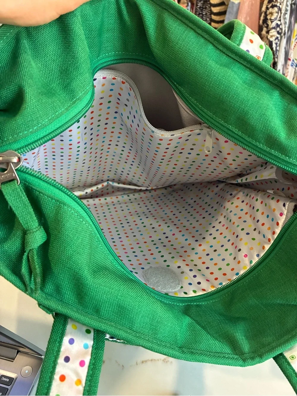 OGIO Green Canvas Tote with Button Front and Polka-Dot Lining